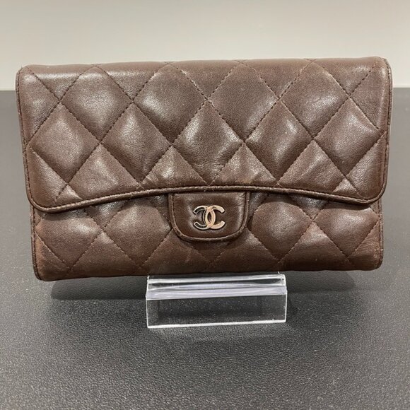 Chanel Lambskin Quilted Large Flap Wallet Dark Brown (139623) - Picture 1 of 10